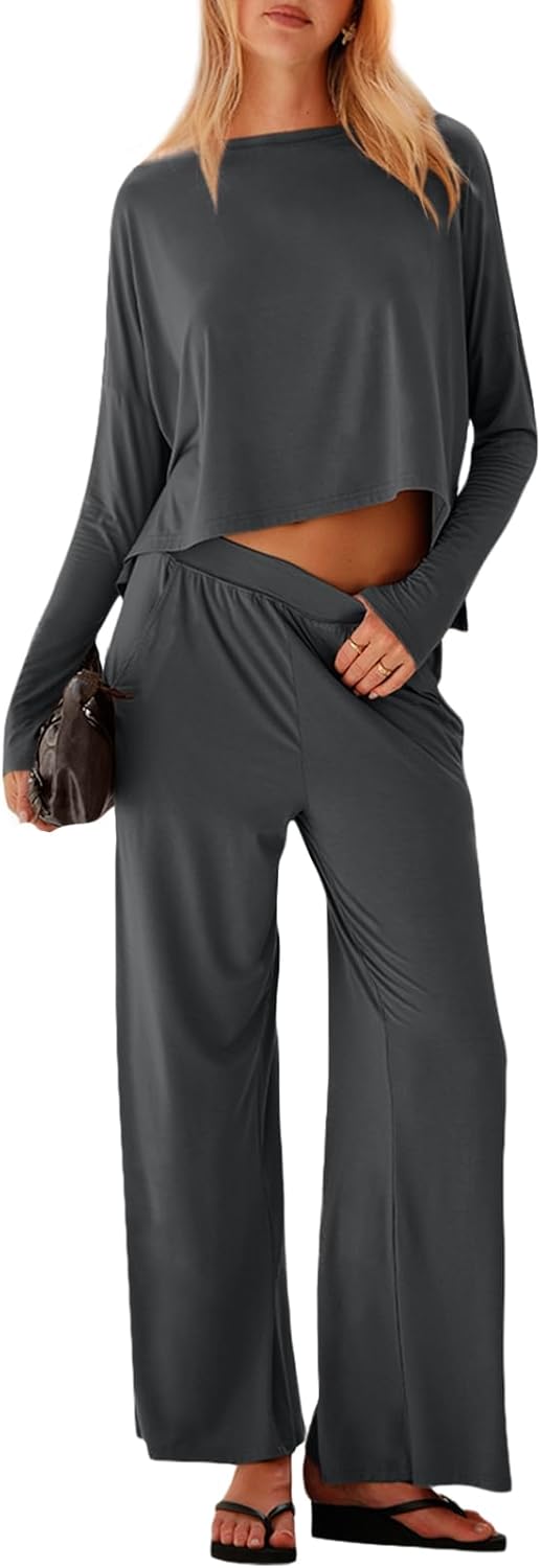 UNIANKIYA Womens 2 Piece Lounge Set Long Sleeve Oversized Crop Tops and Wide Leg Pants with Pocket Casual Pajama Matching Set