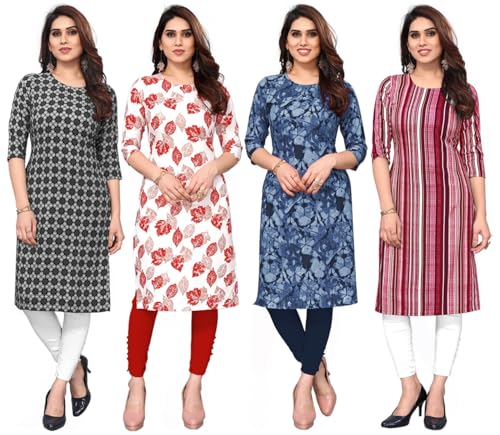 Image of JAKHANA Women's Crepe Printed Casual Straight Calf Length Round Nick Kurta Pack of 4