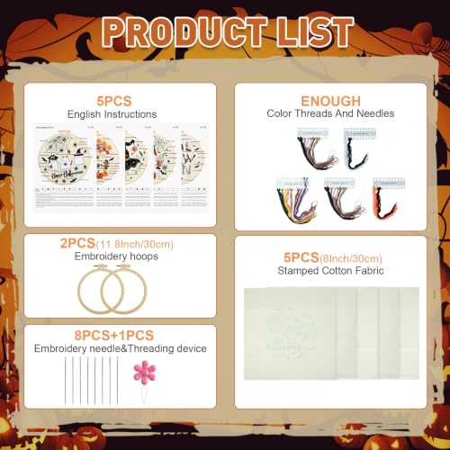 Image of ElasignShopo 5 Sets Halloween Embroidery Kit for Adult Beginners Pumpkin Bat Embroidery Starter Kit Halloween Cross Stitch Kits Needlepoint Kits Includes Instruction 2 Hoops Color Threads Needles