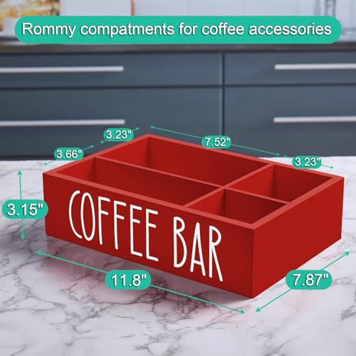 Image of ALELION Red Coffee Station Organizer with Removable Dividers - Wood Coffee Bar Accessories Organizer for Countertop - Coffee Pod Holder Storage Basket for K Cup Sugar Tea - Red Coffee Bar Decor
