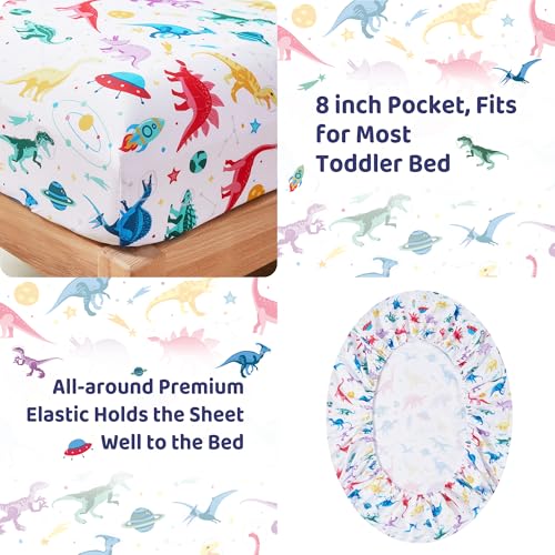 Image of lasoftan Toddler Bedding Set, Toddler Bed Comforter Sets for Girls, Toddler Bed Set, Space Dinosaur Printed