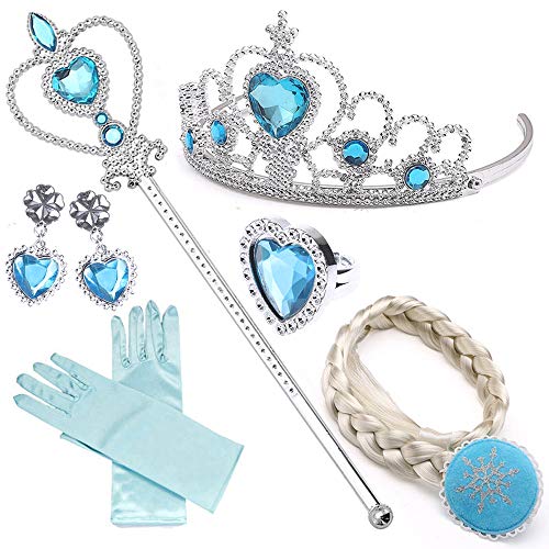 NNDOLL Set da Principessa Elsa dei Ghiacci, Diadema, Guanti, Bacchetta Magica e Treccia a Clip 2-9 Anni, (Azzurro 6pz)