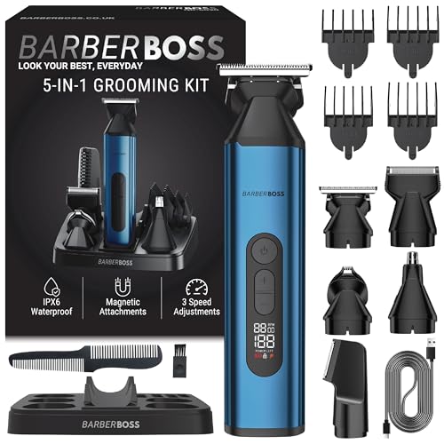 BarberBoss All-in-one Mens Grooming Kit Beard Hair & Body Trimmer with Nose & Ear Trimmer and Foil Shaver Cordless USB Rechargeable Groomer for Men with LED Display & 3 Speeds