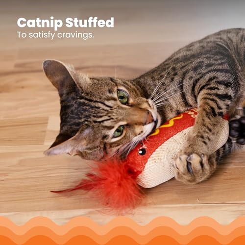 Image of Catstages Hotdog Kicker Toy with Catnip and Dental Mesh, Hot Dog Shape, Plush and Feather Cat Toy for Kicking, Tossing, and Teeth Cleaning, Brown