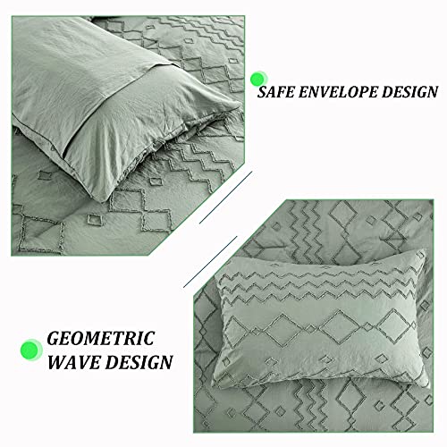 Green Tufted Comforter Set King Size (102×90 Inches), Boho Shabby Chic Comforter Geometry Embroidery Bedding Set 3 Pieces (1 Comforter + 2 Pillowcases), Soft Microfiber Comforter For All Seasons #TOP3