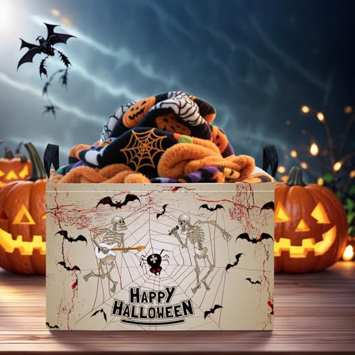Image of Halloween Basket Gift Terror Ghost Parties Decor Kid Trick or Treat Basket for Boys and Girls Rectangular Storage Bin Box (Skeleton Bat)