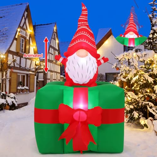 Aufblasbarer Weihnachtszwerg auf Geschenkbox