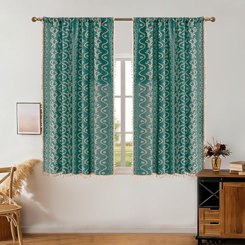 Image of Boho Curtains 63 Inch Long for Living Room, Bedroom, 2 Panels Floral Farmhouse Vintage Tassel Semi Sheer Light Filtering Privacy Window Curtain Drapes with Rod Pocket