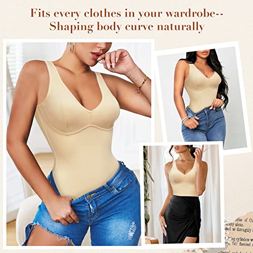 Reyeogo Full Body Shapewear Bodysuit For Women Tummy Control Waist Trainer Slimming Body Shaper Thong V Neck Bra Jumpsuit Top (X-Large, Beige) #TOP4