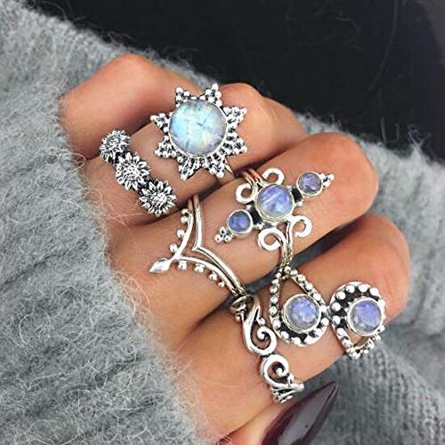 Missgrace Bohemian Vintage Silver Knuckle Stacking Blue Stone Floral Rings For Women Teen Girls Boho Vintage Geometric Crystal Midi Finger Rings Set 6 Pcs (Style 5) #TOP1