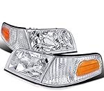 Spec-D Tuning Chrome Housing Clear Lens Headlights + Corner Lights Compatible with Ford Crown Victoria 1998-2011 L+R Pair Head Light Lamp Assembly