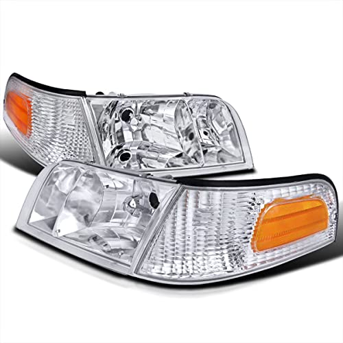 Spec-D Tuning Chrome Housing Clear Lens Headlights + Corner Lights Compatible with Ford Crown Victoria 1998-2011 L+R Pair Head Light Lamp Assembly