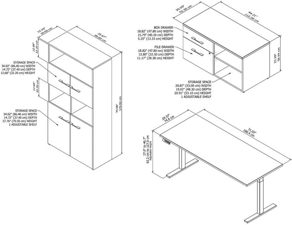 Pemberly Row 72W Height Adjustable Standing Desk with Storage, Modern Hickory Finish, Includes 45W Low Cabinet with Drawers and 36W 5-Shelf Bookcase, Ergonomic Office Furniture Set for Home or
