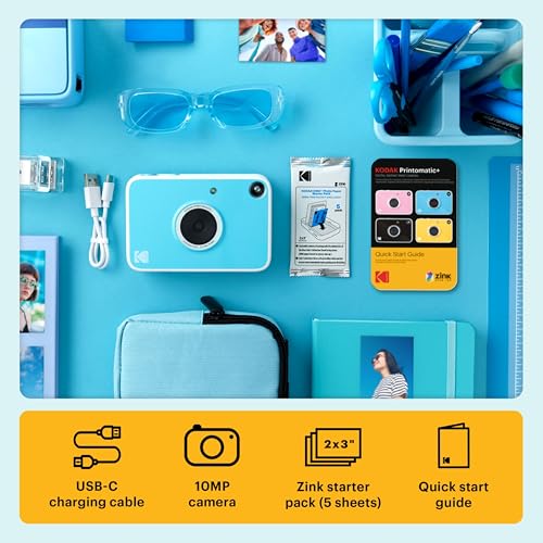Image of Kodak Printomatic+ Instant Print Digital Camera Starter Bundle + Carrying Case (Blue) + Zink 20pk Sticky-Back Photo Paper - 10MP, Full-Color Photos, GB LED Status Indicator - Blue