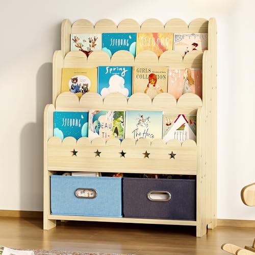 Image of EXPERLAM 2-in-1 Kids Bookshelf with Toy Storage Drawers, Scalloped Montessori Bookcase Front Facing for Toddlers, Solid Wood Book Display & Organizer for Nursery, Playroom, Bedroom & Classroom
