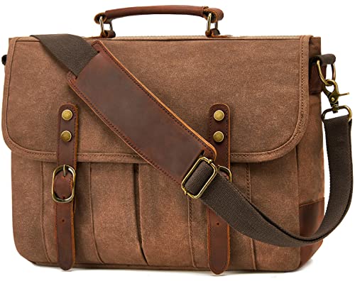 Mens Messenger Bag 15.6 Inch Waterproof Waxed Canvas Computer Laptop Bag Genuine Leather Briefcase Large Satchel Bags Shoulder Bag, Brown