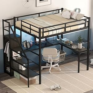 Full size metal loft bed with desk and wardrobeheavy duty loft bed frame with storage stairsled loft bed full with charging station space saving loft bed full for kidsteensadultsblack  urban country home decor