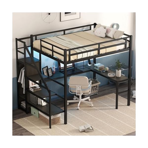 Full size metal loft bed with desk and wardrobeheavy duty loft bed frame with storage stairsled loft bed full with charging station space saving loft bed full for kidsteensadultsblack  urban country home decor