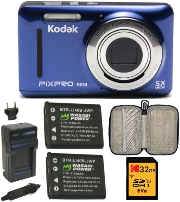 KODAK PIXPRO Friendly Zoom FZ53 Cámara digital con pantalla LCD de 2.7 pulgadas (azul) con estuche de viaje rígido, tarjeta SD de 32 GB y batería de