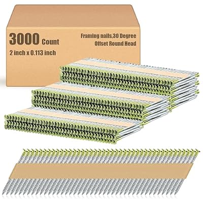 Yaocom Framing Nails, 30 Degree, Offset Round Head, Galvanized, 30 Degree Collated Framing Nails for Most 30-34 Degree, Paper Tape Collated Framing Nails, 2 x 0.113, 3000 Count