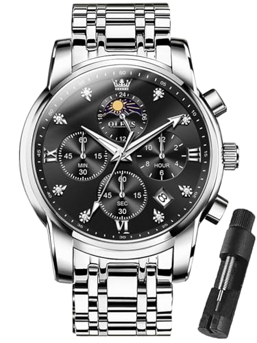 OLEVS Watch Men,Black and Silver Watches for Men,Men's Silver Watch Black Face,Chronograph Moon Phase Mens Wristwatch with Date Luxury,Dress Man Wristwatch,Relojes De Hombre