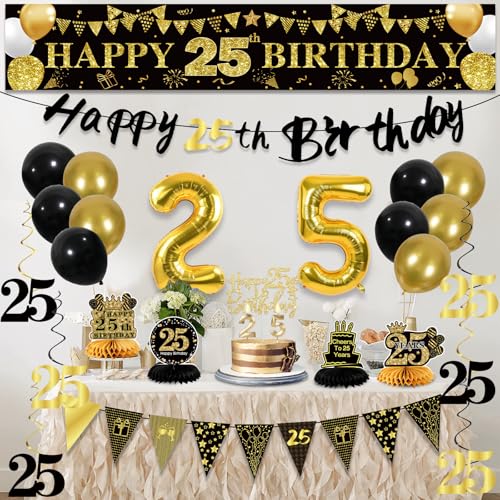 Image of 25th Birthday Decorations for Men, Black Gold 25th Party Decoration Kits | 27pcs Happy 25th Birthday Set, Banner, Honeycomb, Balloons, Gold Number, Candle, Hanging Swirls, Cake Topper, Party Supplies