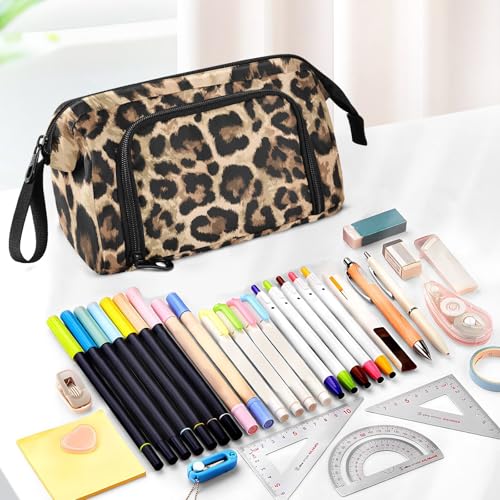 Image of Bolaz Big Capacity Pencil Pen Case Pouch Bag School College Office Organizer for Teens Girls Adults Student-Brow-black Leopard Print