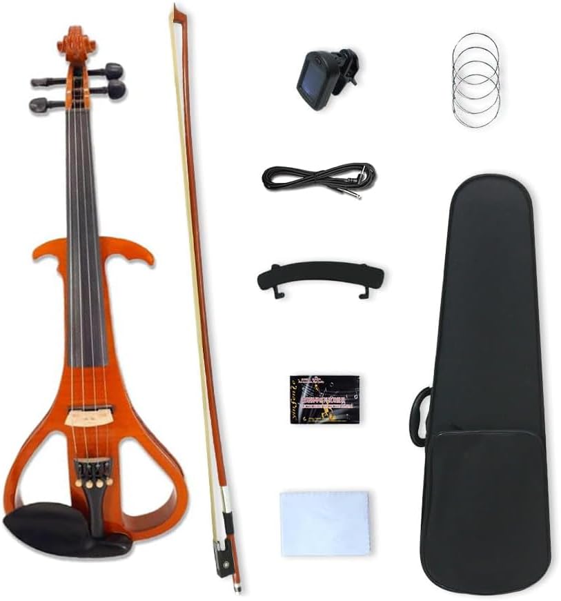Electric Violin 4/4 Full Size 4 Strings Solid Wood Silent violin kit with Headphones, Case, Rosin, Cable, Ebony Fittings Bow for Beginner,Child,Student,adult (Blue) (Yellow)