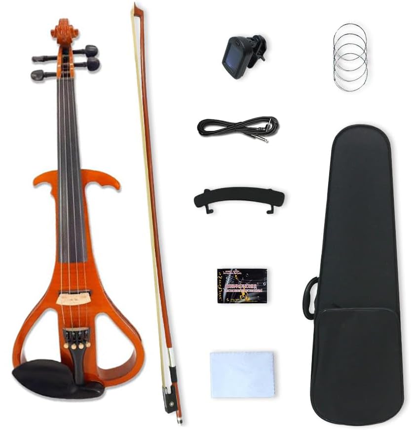Electric Violin 4/4 Full Size 4 Strings Solid Wood Silent violin kit with Headphones, Case, Rosin, Cable, Ebony Fittings Bow for Beginner,Child,Student,adult (Blue) (Yellow)