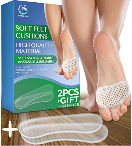 Metatarsal Pads Ball of Foot Cushion (Free Heel Shields)– Soft Feet Cushioning – Mortons Neuroma Callus Pain Relif - Clear Reusable Insoles - Bunion Forefoot Pad Support - Gel Inserts for Women Men