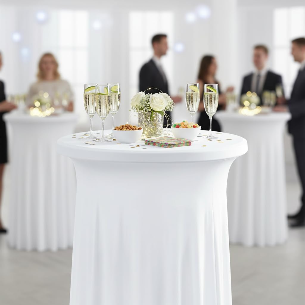 30 inches 32" Highboy Cocktail Round Stretch Spandex Table Cover Table Skirt High Top Tablecloth (30" - 32" Dia x 43", White Skirt)