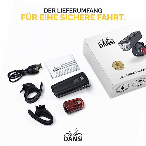 DANSI Fahrradleuchten-Set StVZO I LED-Fahrradlicht I Rad-Licht hell vorne + hinten I umschaltbar 15-100 Lux I Rücklicht & Frontleuchte I Regenfest I Fahrradlampe I bike light