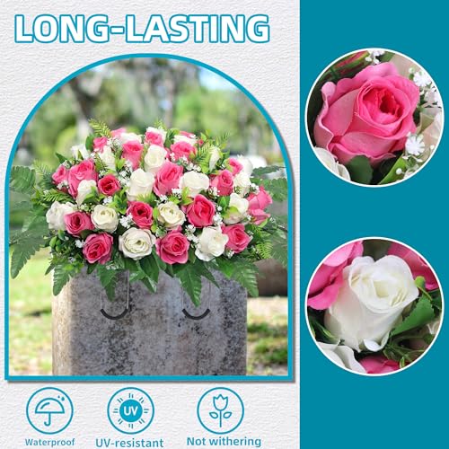 Artificial Cemetery Flowers Saddle,Cemetery Grave Decoration Headstone Flower Saddle Rose Headstone Flower Saddle Outdoor Grave Decorations (Pink) image 4