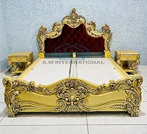 A.M INTERNATIONAL Royal Wooden Carved Bedroom Set in Teak Wood with Antique Gold Paint