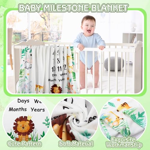 Image of Baby Milestone Blanket for Baby Boy, Animals Baby Monthly Milestone Blanket Safari Baby Growth Blanket Newborn Photography Background with Wooden Signs, Frames, Bandana