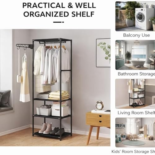 Image of Metal Multifunctional Heavy-Duty Quality Garment Stand Cloth Rack Freestanding Storage with Bottom Shelves Adjustable Single Solid Stainless Steel Spider (Pole Rack Black, 3 TIER)