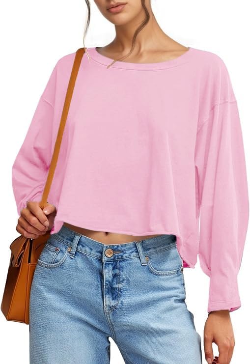 UNCLECAT Womens Long Sleeve Crop Tops Oversized Cropped Tshirts Crew Neck Loose Fit Fashion Workout Tee Shirt