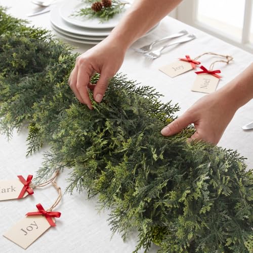 Image of Hananona 9FT Artificial Cedar Garlands, 2Pcs Real Touch Soft Cedar Pine Garland, Winter Artificial Greenery Garland for Fireplace Mantel Staircase Porch Table Indoor Home Decor (2, Dark Green, 9FT)