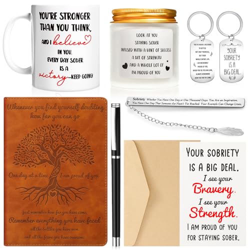 marspark 7 pcs sobriety gifts for men women addiction recovery sober anniversary present set alcoholics anonymous gifts include notebook pen candle mug keychain greeting card bookmark