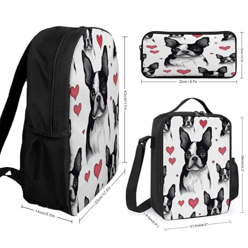 Printed Backpack With Lunch Pack Storage Box Case Boston Terrier Heart Dog 3pcs Lightweight Travel Backpack2