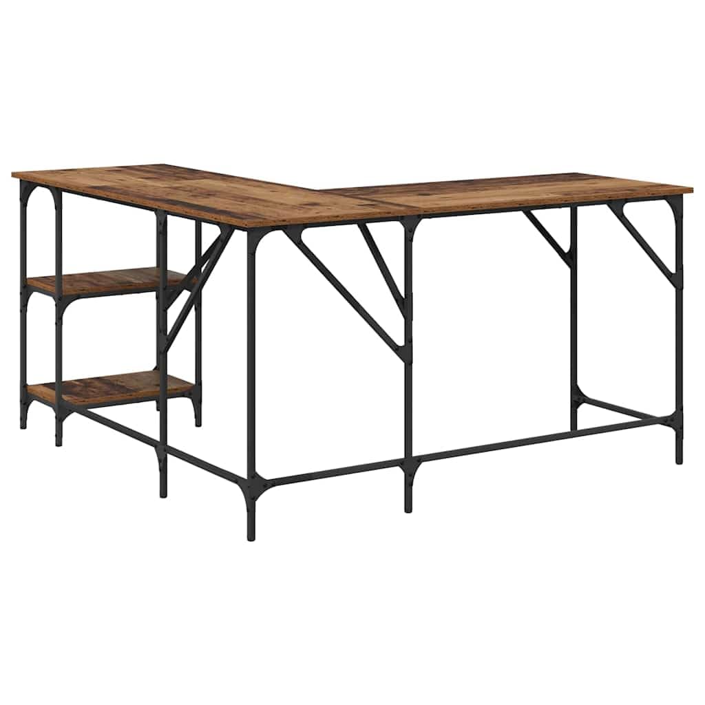 Escritorio de madera recuperada en forma de L, 139 x 139 x 75 cm, madera con patas de acero, altura regulable, con estante y cajón, espacio de trabajo ergonómico para oficina, oficina en casa