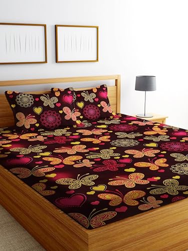 Image of DECORUM Glace Cotton Fitted 1 Bedsheet King Size (72 inchx78 inch) | All Around Elastic | Cotton Feel | 2 Pillow Covers (17 inchx27 inch) | Fits Up to 8 inch Mattress | 200-220 TC | Printed Double Bed Sheet Set