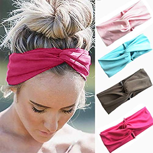 Urieo Yoga Criss Cross Headbands Pink Elastic Running Hair Bands Solid Color Wide Head Wraps for Women and Girls (Pack of 4)