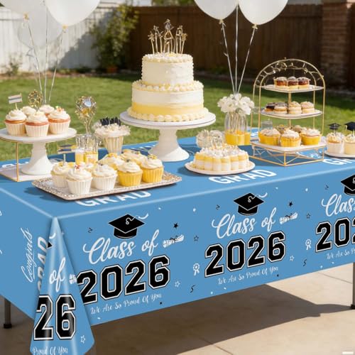 Image of Oigco 2026 Graduation Decorations, 2 Pack Sky Blue Graduation Tablecloths Class of 2026, Congrats Grad Plastic Tablecloths for Graduation Party Decorations, 54 x 108 Inch
