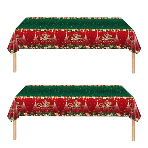 2PCS Christmas Tablecloth,137*274cm Large Shiny Red and Green Xmas Party Table Cover,Disposable Rectangle Christmas Plastic Table Cloth for Christmas Party,Winter Holiday,Christmas Table Decorations