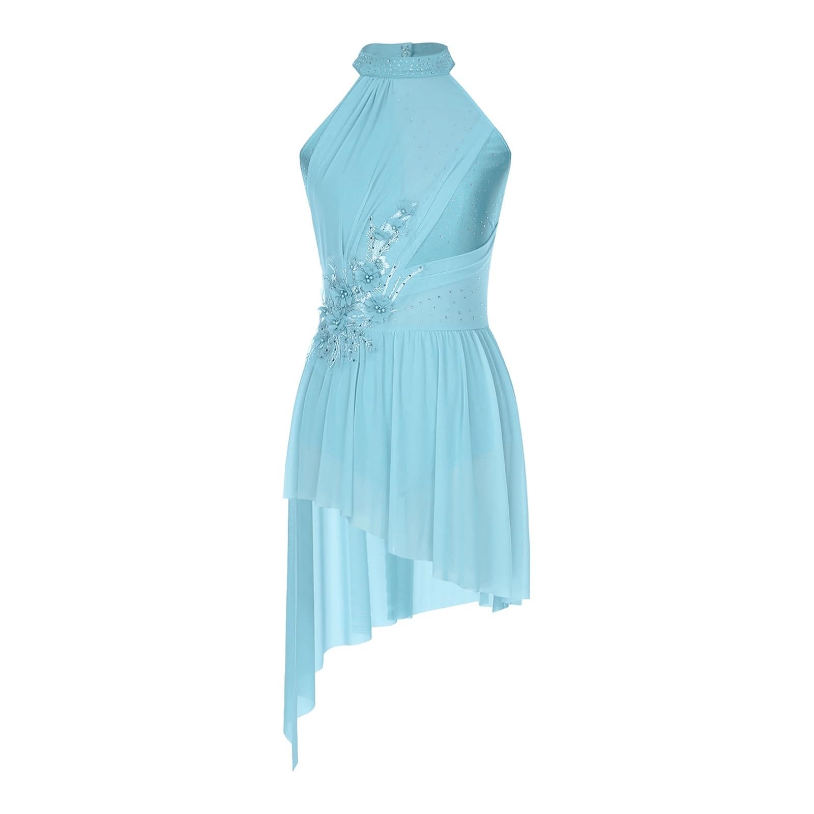 Vestido de ballet para mujer, con letras líricas, para patinaje artístico, espalda con tirantes, dobladillo asimétrico, con diamantes de imitación brillantes