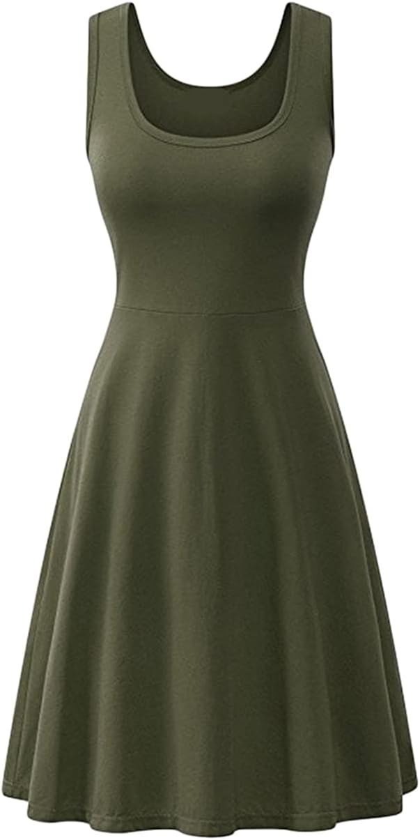 OMZIN Women's Sleeveless Midi Dress Casual Flared Tank Dress Solid Color Cotton Skater Swing Dresses