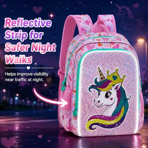 Image of 3Pcs Unicorn Backpack for Girls, 16 inch Sequin Bookbag Set for Kids, Elementary Preschool Preschool School Backpacks with Lunch Box (Pink)