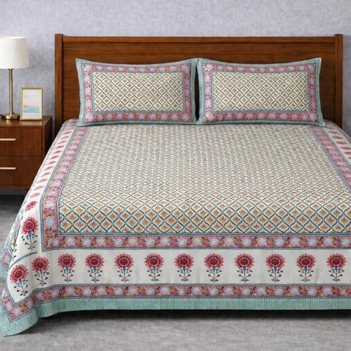 Image of ElanorHomes 240 TC Cotton Double King Size Bedsheet | Ultra-Soft & Skin-Safe | Breathable Summer Comfort | 93x108 inches with 2 Pillow Covers (Amber Motif)