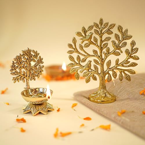 Image of BEHOMA Brass Kalpvriksh Tree with Birds (5.9 inch) & Kalpavriksha Diya (4.1 inch) Combo | Kalpavriksha Tree of Life Showpiece for Table | Vastu Home Decor & Puja Temple Ornament | Good Luck Gift